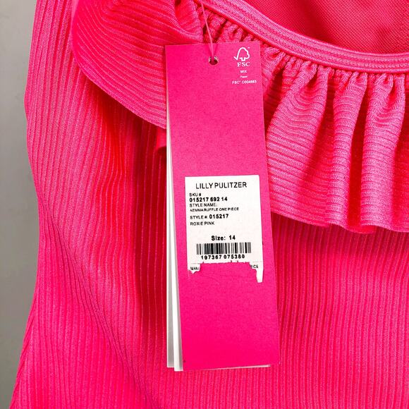LILLY PULITZER Aemma Ruffle One-Piece Swimsuit Size 14 Roxie Pink Ribbed NWT - Picture 9 of 12
